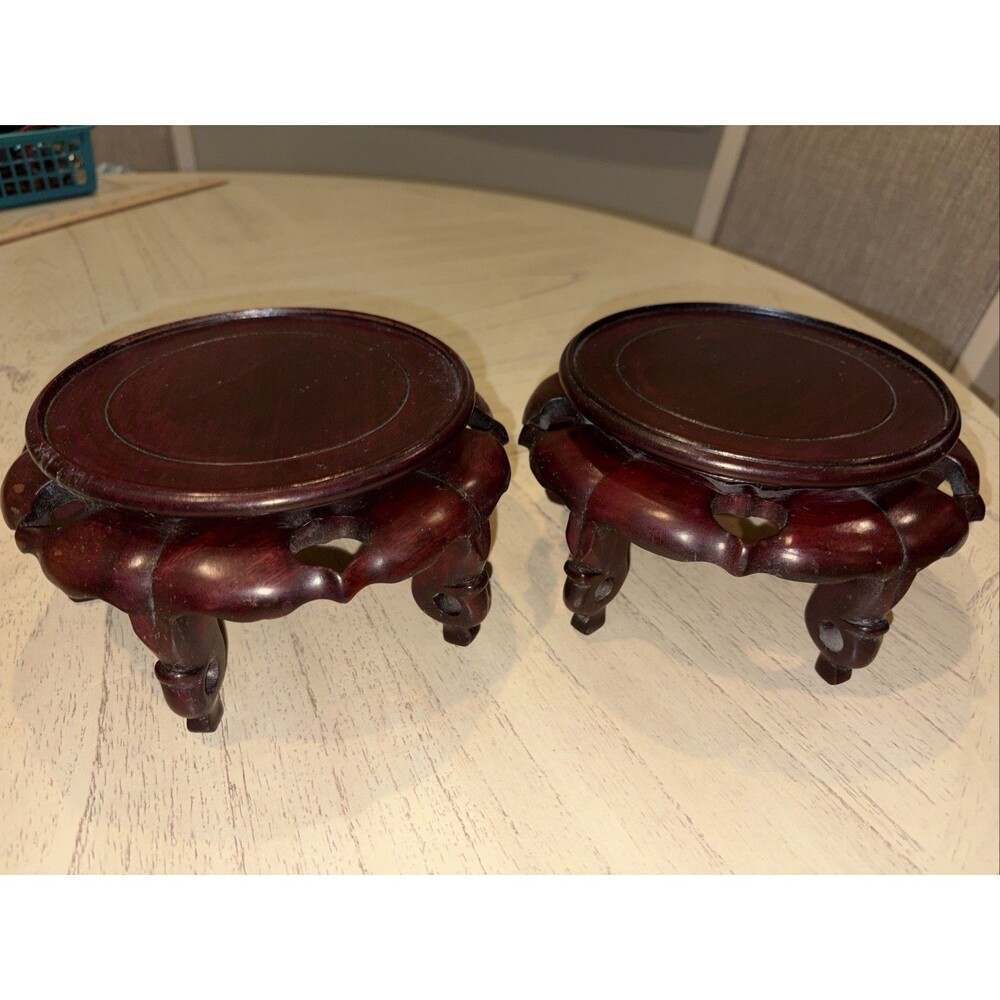 Set of 2 carved round flower racks & bases made of Dark rosewood wood
